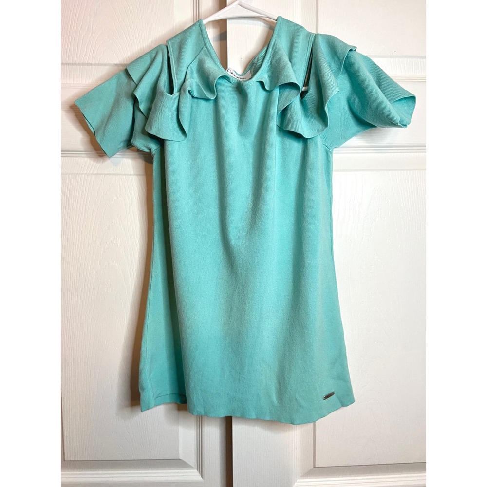 Calvin Klein Women Aqua Turquoise Ruffle Cold Shoulder Knit Top M Short Sleeve